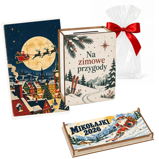 Zestaw dla starszaka Nocny lot Mikołaja – duże pudełko retro, skarbonka vintage i puzzle