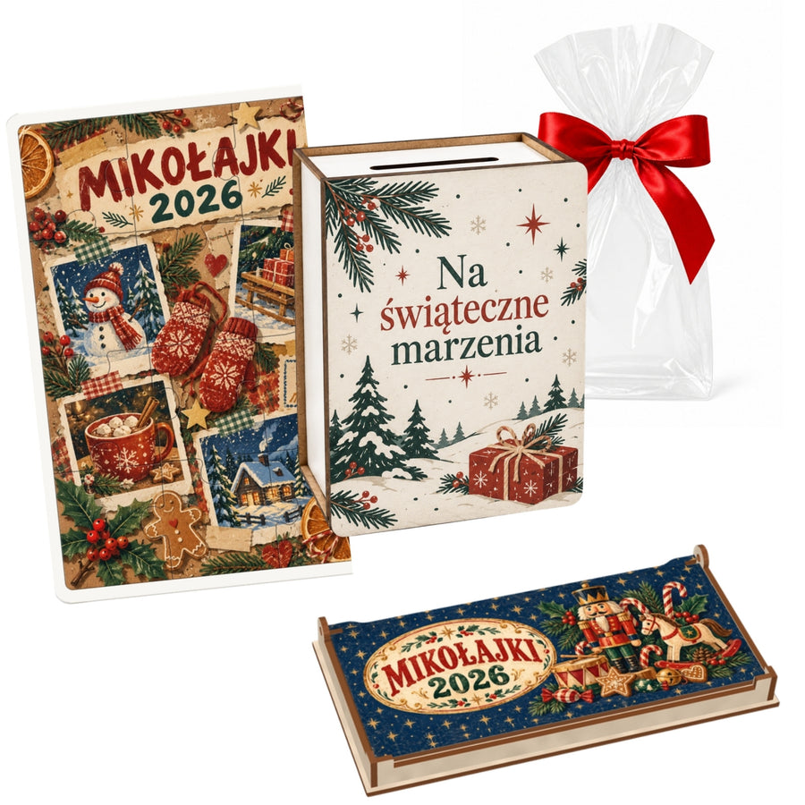 Zestaw dla starszaka Świąteczny kolaż – duże pudełko retro, skarbonka vintage i puzzle